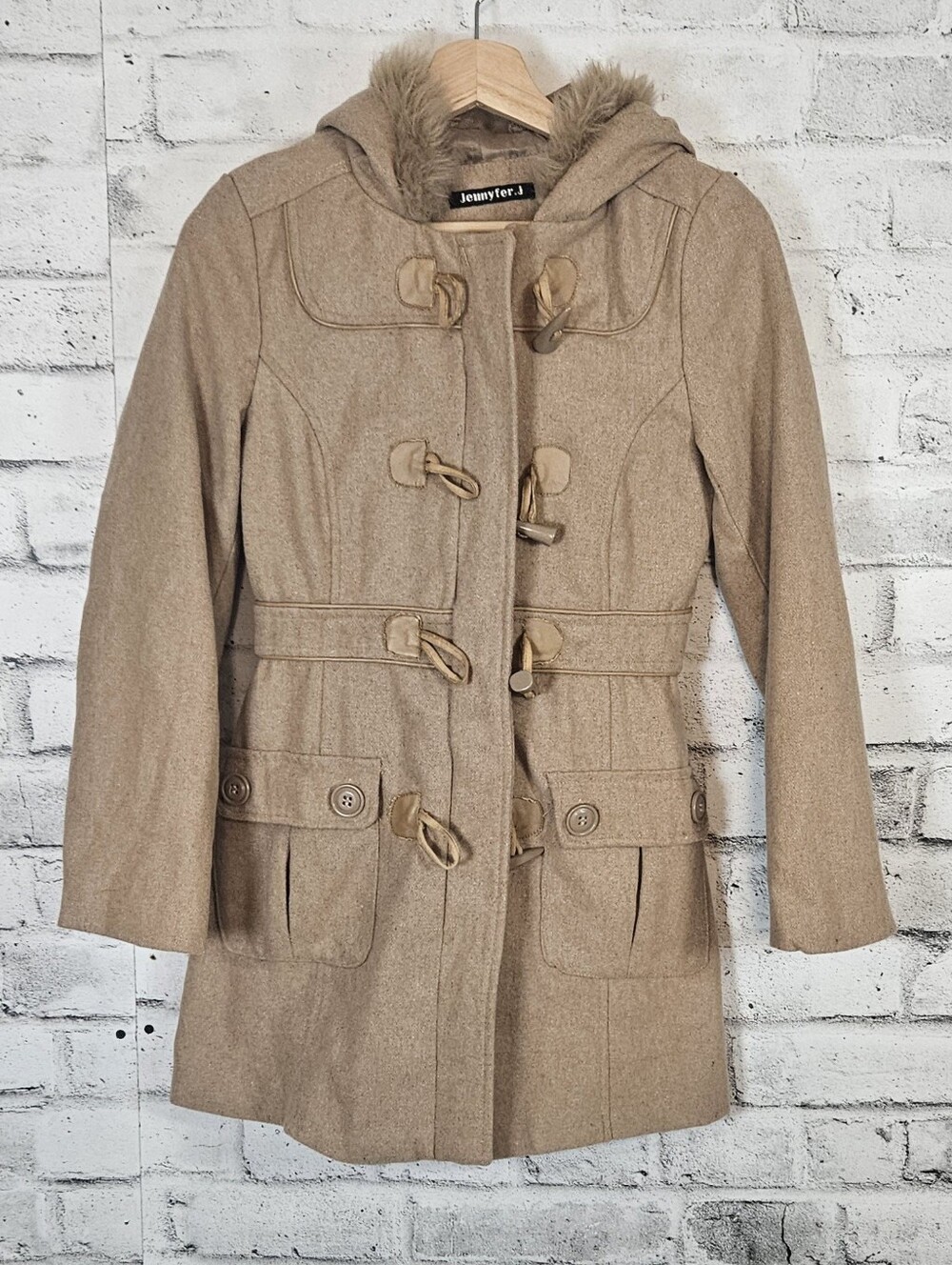 Jennyfer J Wool Blend Duffle Coat Faux Fur Hood Tan Size S